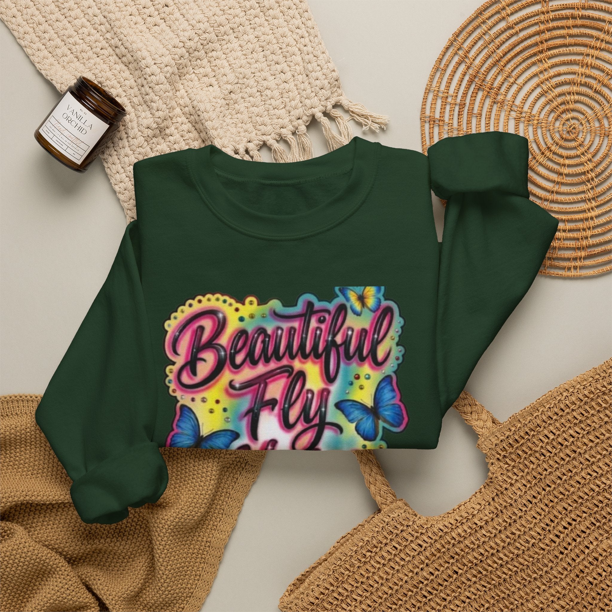 Crewneck Sweatshirt — "Beautiful Fly Hot & Sexy" Colorful Butterfly Graphic