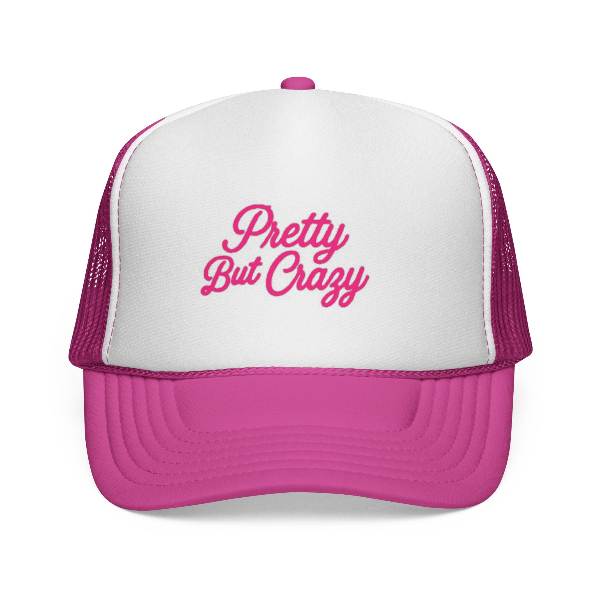 Pretty But Crazy Trucker Cap — Pink Embroidered Women's Mesh Hat