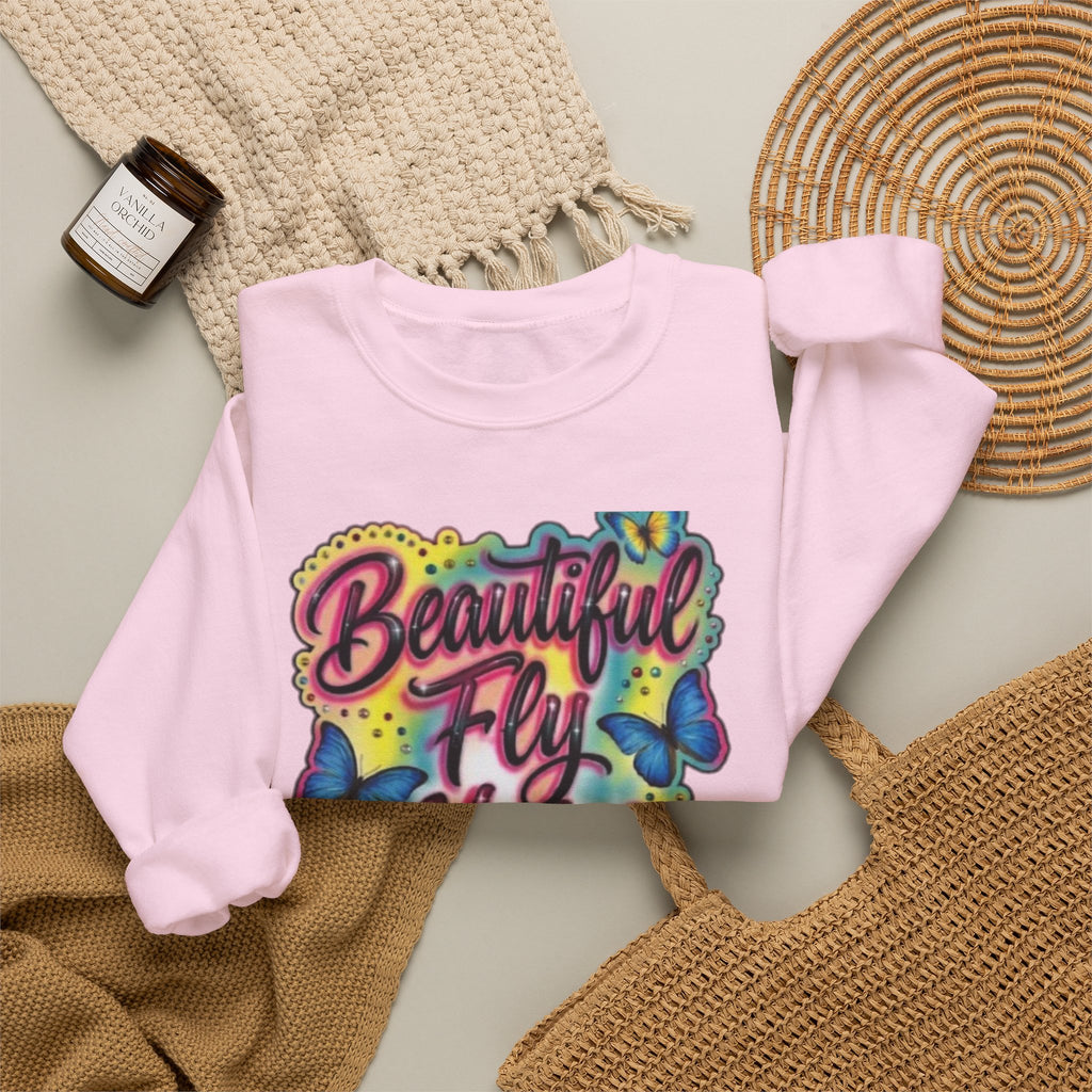 Crewneck Sweatshirt — "Beautiful Fly Hot & Sexy" Colorful Butterfly Graphic