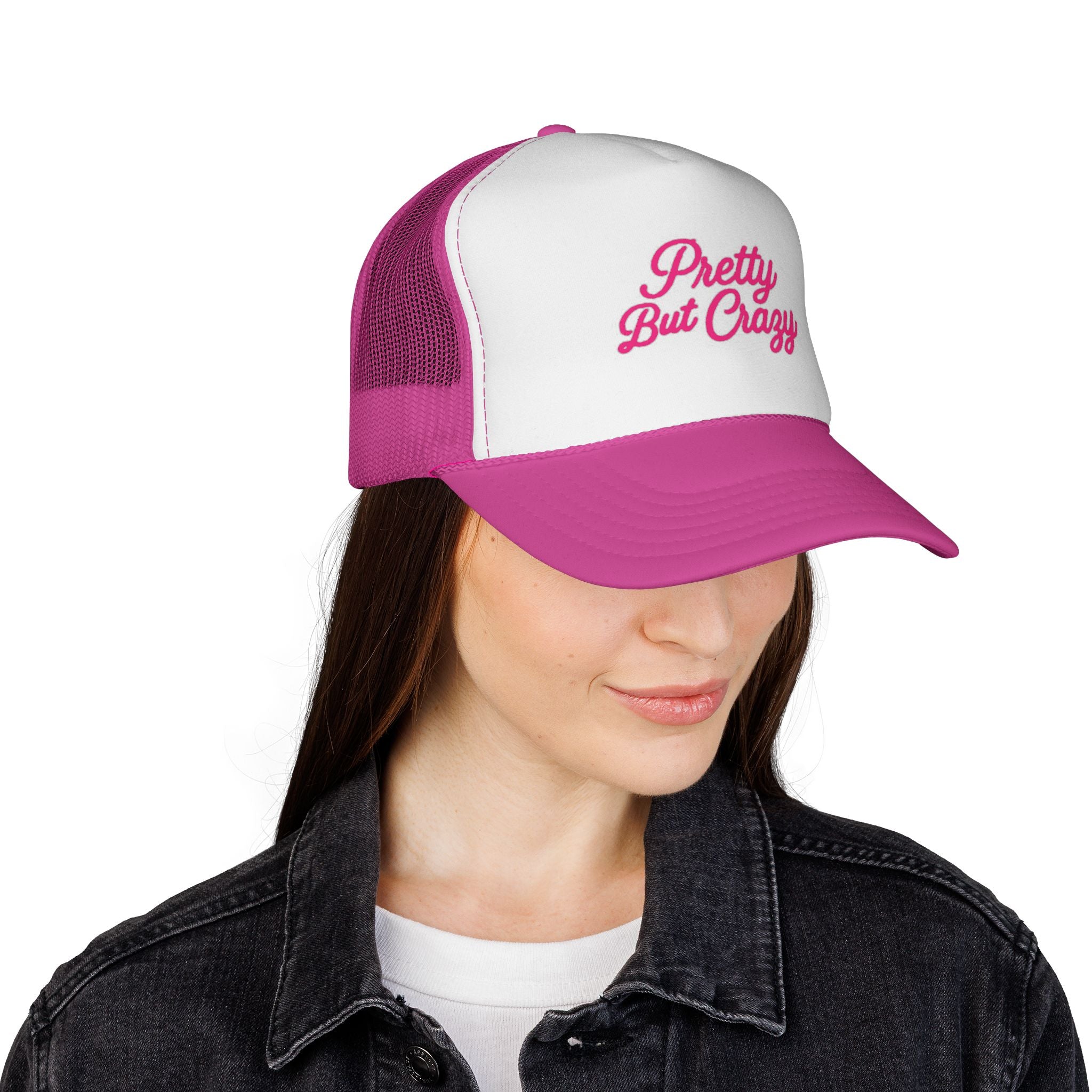 Pretty But Crazy Trucker Cap — Pink Embroidered Women's Mesh Hat