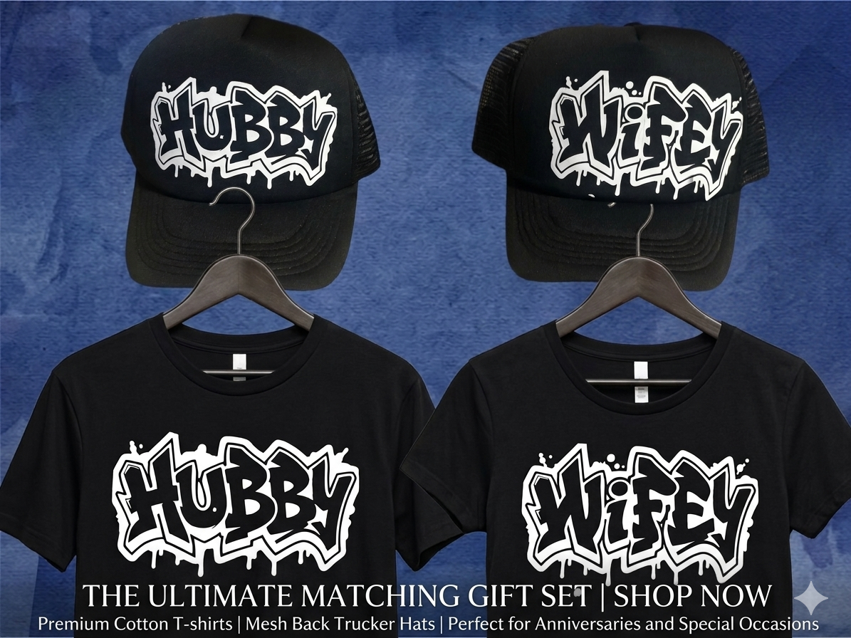 Wifey & Hubby Matching Set – Couples T‑Shirts + Trucker Hats Bundle