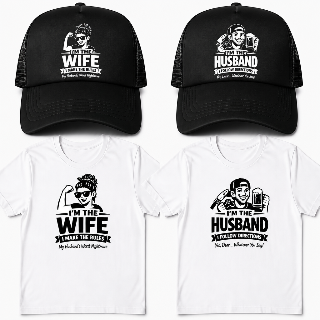 Wifey & Hubby Matching Set – Couples T‑Shirts + Trucker Hats Bundle